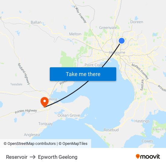 Reservoir to Epworth Geelong map