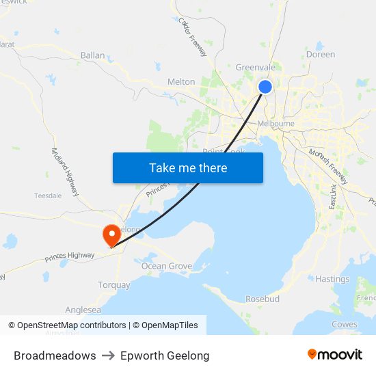 Broadmeadows to Epworth Geelong map