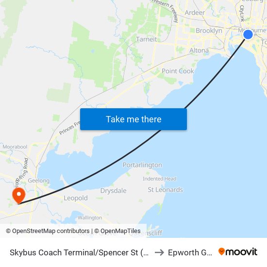 Skybus Coach Terminal/Spencer St (Melbourne City) to Epworth Geelong map