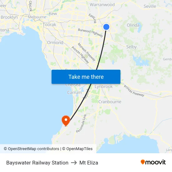 Bayswater Railway Station to Mt Eliza map