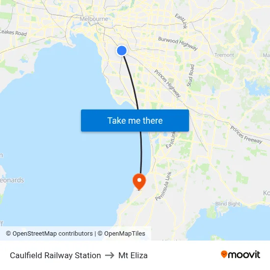Caulfield Railway Station to Mt Eliza map