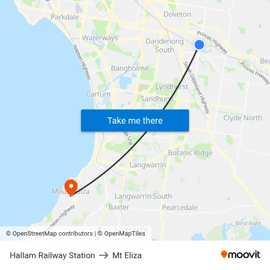 Hallam Railway Station to Mt Eliza map