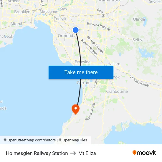 Holmesglen Railway Station to Mt Eliza map
