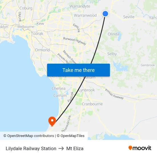 Lilydale Railway Station to Mt Eliza map
