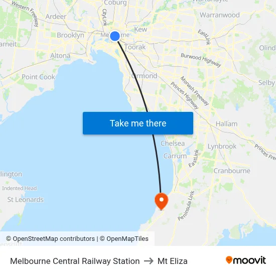 Melbourne Central Railway Station to Mt Eliza map