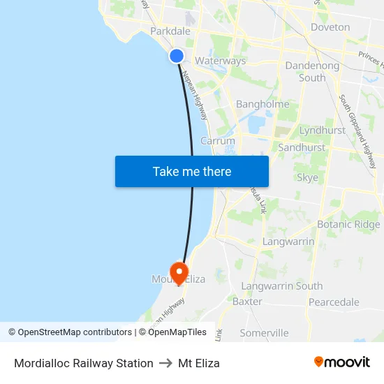 Mordialloc Railway Station to Mt Eliza map