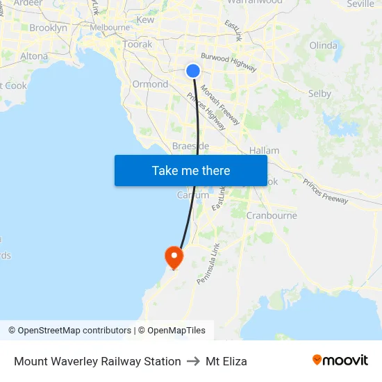Mount Waverley Railway Station to Mt Eliza map