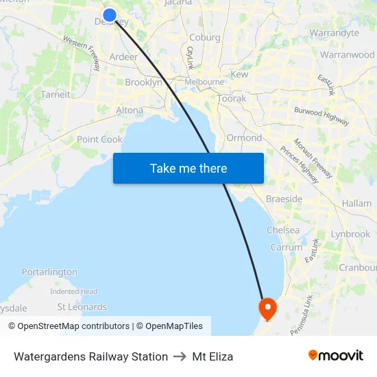 Watergardens Railway Station to Mt Eliza map