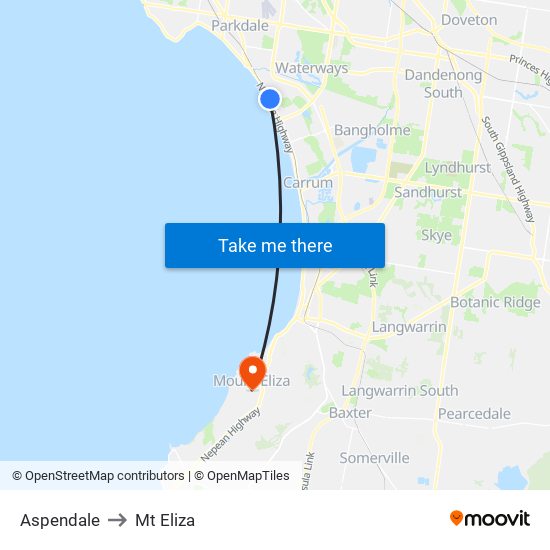 Aspendale to Mt Eliza map