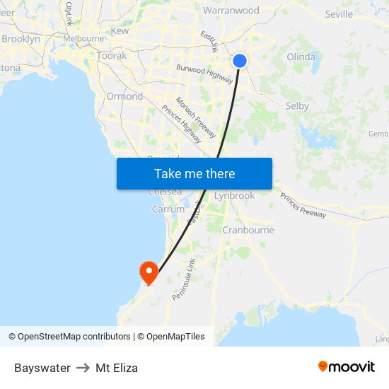 Bayswater to Mt Eliza map