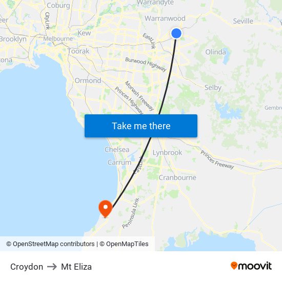 Croydon to Mt Eliza map