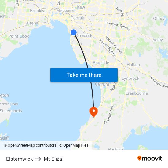 Elsternwick to Mt Eliza map