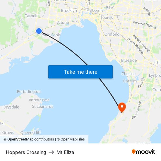 Hoppers Crossing to Mt Eliza map