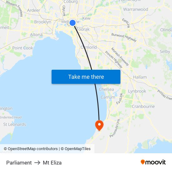 Parliament to Mt Eliza map