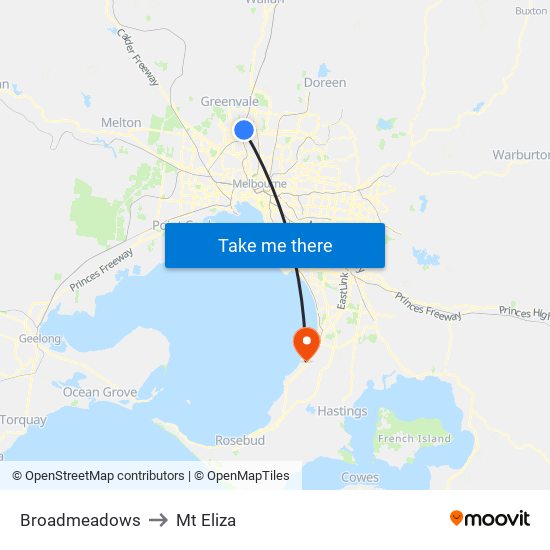 Broadmeadows to Mt Eliza map