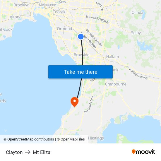 Clayton to Mt Eliza map