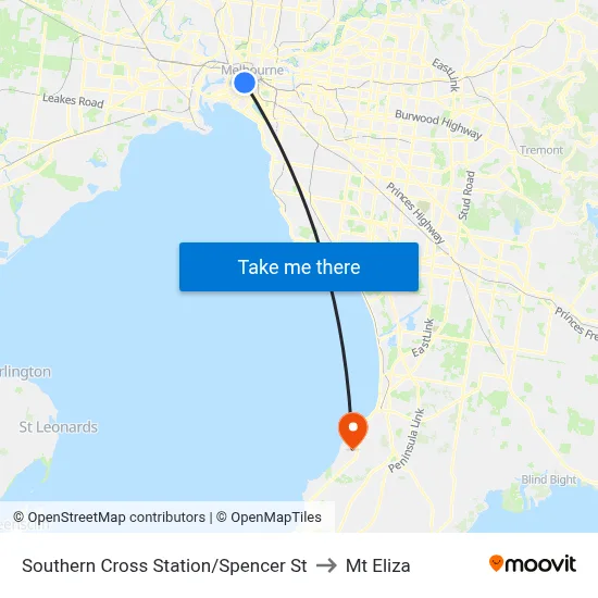 Southern Cross Station/Spencer St to Mt Eliza map