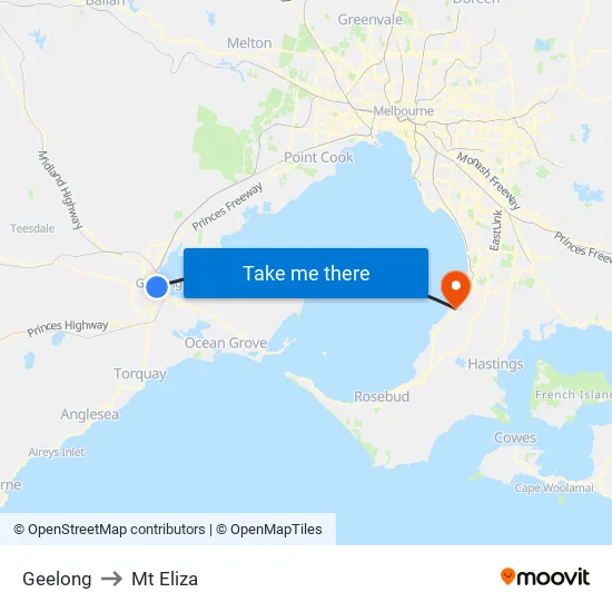 Geelong to Mt Eliza map