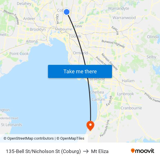 135-Bell St/Nicholson St (Coburg) to Mt Eliza map