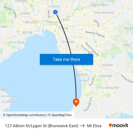 Albion St/Lygon St #127 to Mt Eliza map