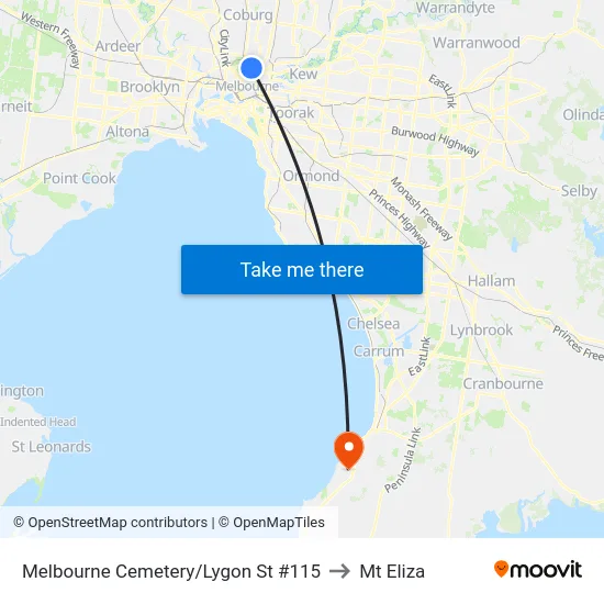 Melbourne Cemetery/Lygon St #115 to Mt Eliza map