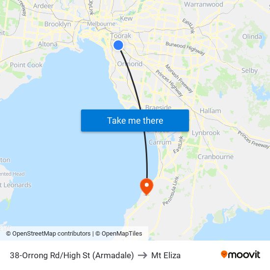 38-Orrong Rd/High St (Armadale) to Mt Eliza map