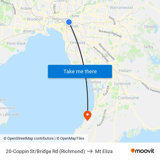 20-Coppin St/Bridge Rd (Richmond) to Mt Eliza map