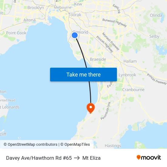 Davey Ave/Hawthorn Rd #65 to Mt Eliza map