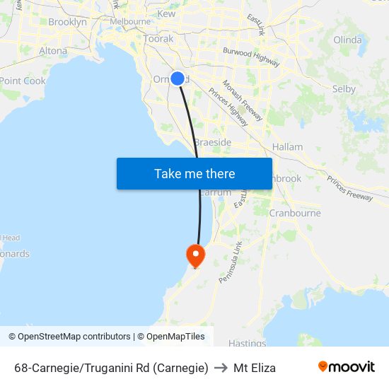 68-Carnegie/Truganini Rd (Carnegie) to Mt Eliza map