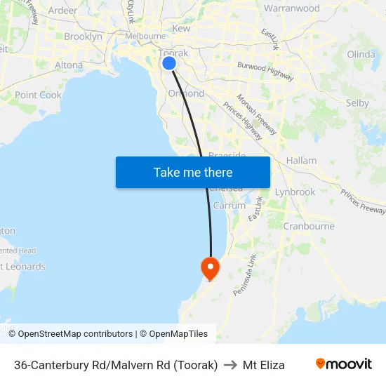 Canterbury Rd/Malvern Rd #36 to Mt Eliza map
