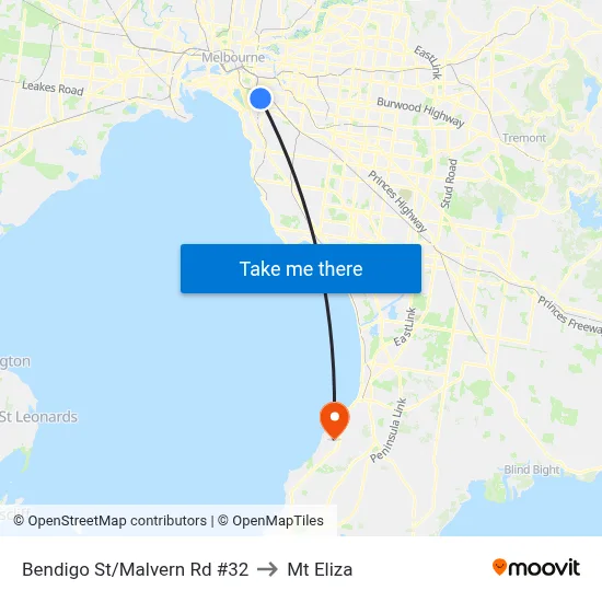 Bendigo St/Malvern Rd #32 to Mt Eliza map