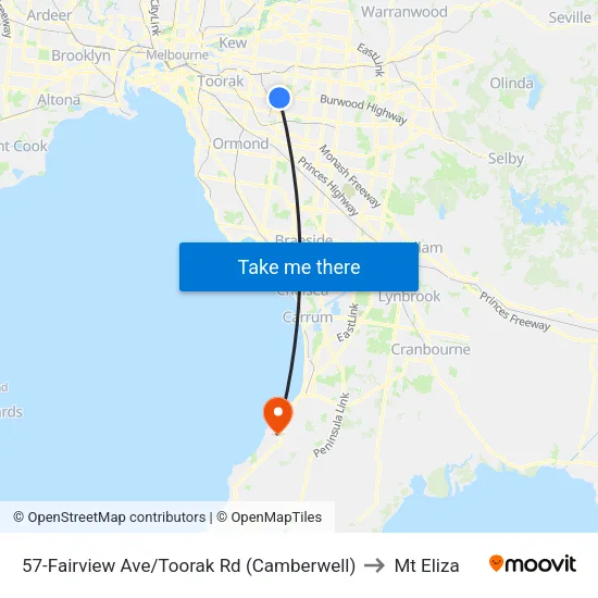 Fairview Ave/Toorak Rd #57 to Mt Eliza map