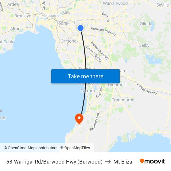 58-Warrigal Rd/Burwood Hwy (Burwood) to Mt Eliza map