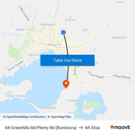 68-Greenhills Rd/Plenty Rd (Bundoora) to Mt Eliza map