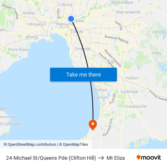 24-Michael St/Queens Pde (Clifton Hill) to Mt Eliza map