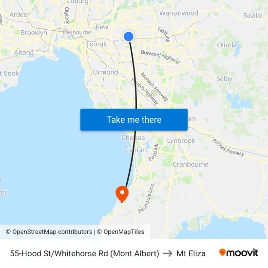 Hood St/Whitehorse Rd #55 to Mt Eliza map