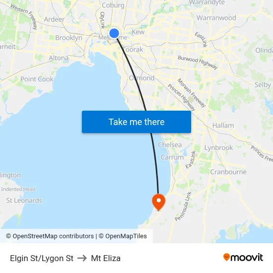 Elgin St/Lygon St to Mt Eliza map