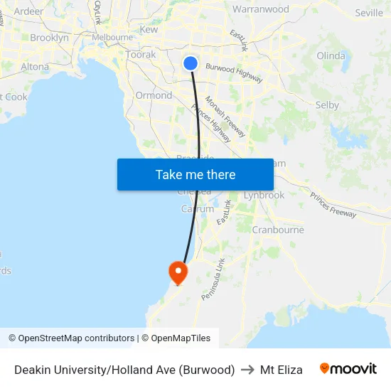 Deakin University/Holland Ave to Mt Eliza map