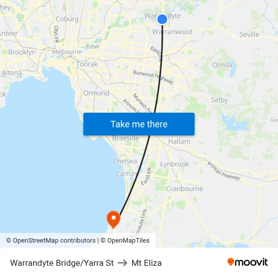 Warrandyte Bridge/Yarra St to Mt Eliza map