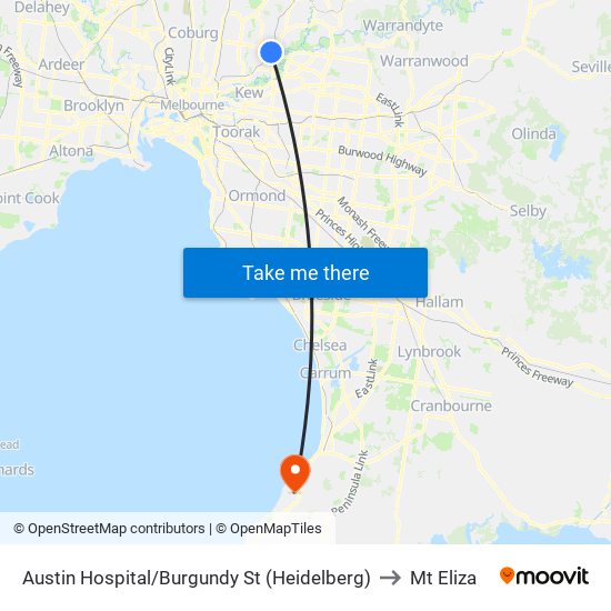 Austin Hospital/Burgundy St (Heidelberg) to Mt Eliza map