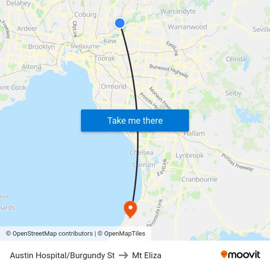 Austin Hospital/Burgundy St to Mt Eliza map
