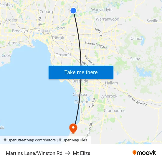 Martins Lane/Winston Rd to Mt Eliza map