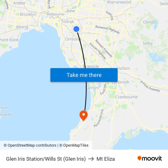 Glen Iris Station/Wills St (Glen Iris) to Mt Eliza map