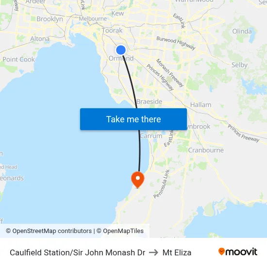 Caulfield Station/Sir John Monash Dr to Mt Eliza map