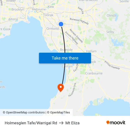 Holmesglen Tafe/Warrigal Rd to Mt Eliza map