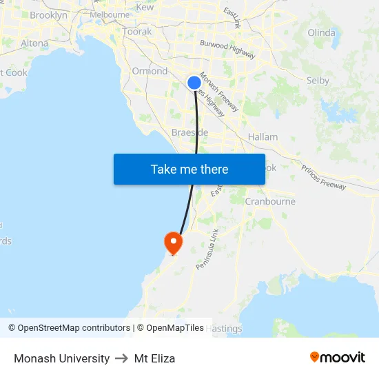 Monash University to Mt Eliza map