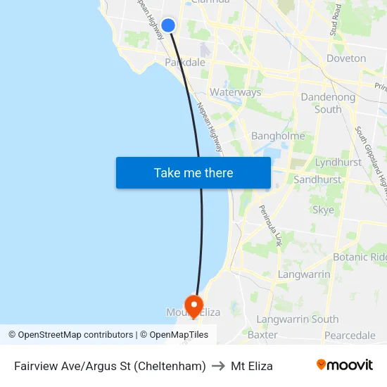 Fairview Ave/Argus St to Mt Eliza map
