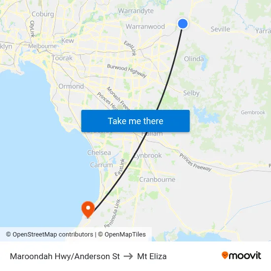 Maroondah Hwy/Anderson St to Mt Eliza map