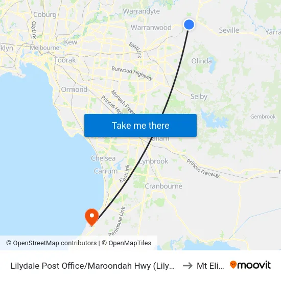 Lilydale Post Office/Maroondah Hwy to Mt Eliza map