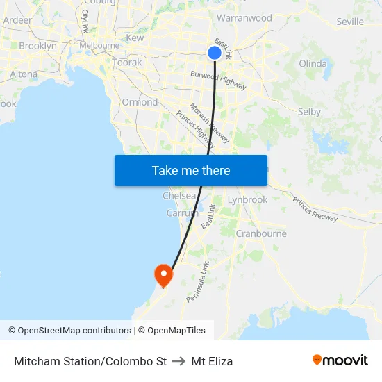Mitcham Station/Colombo St to Mt Eliza map